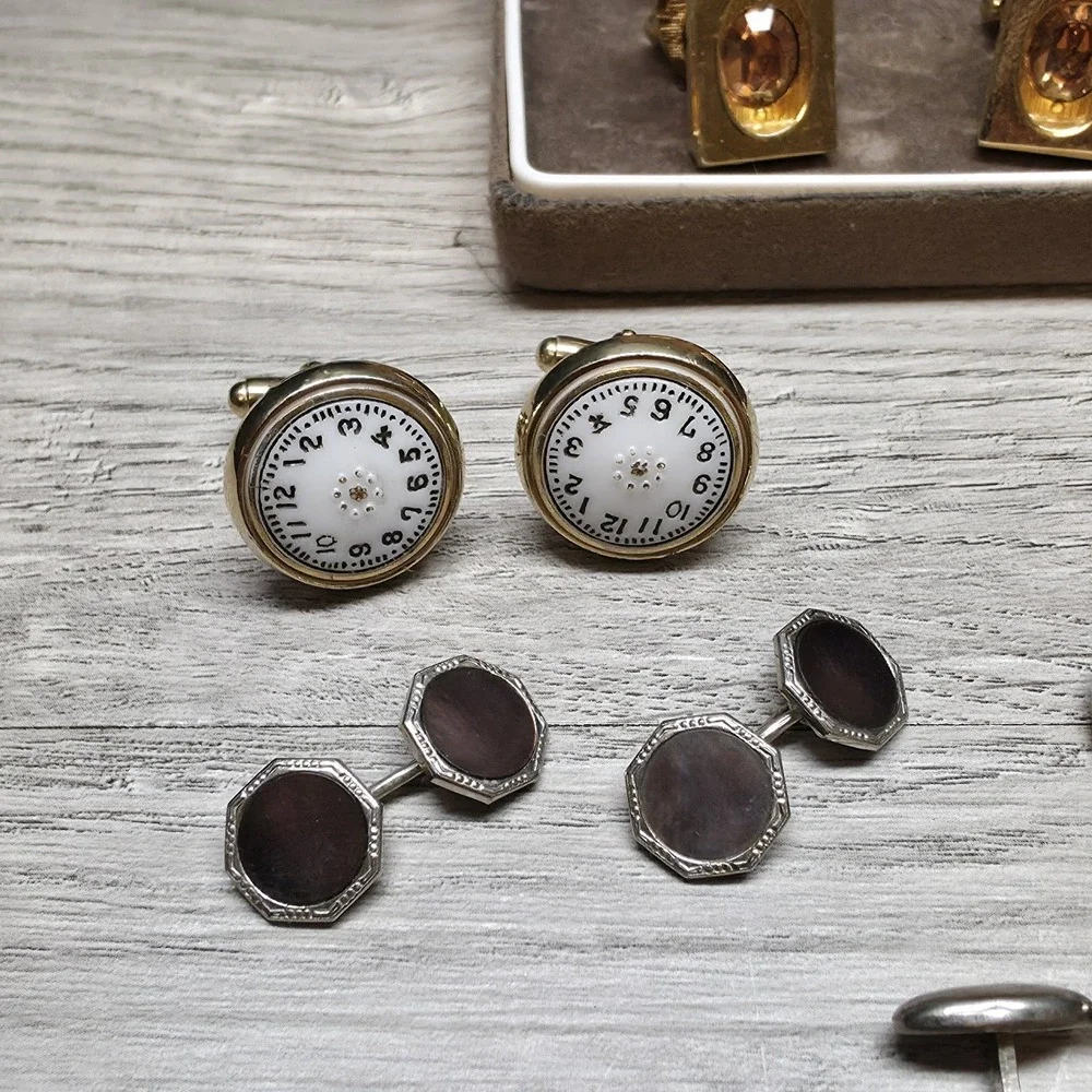 6 Vintage Mens Cufflinks Sets Lot Swank Mesh Watch Face Mother of Pearl Tie Clip
